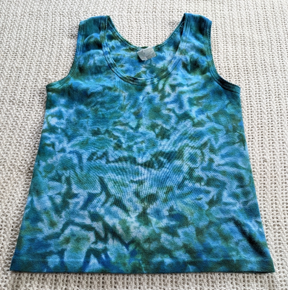 VTG Women's Large Tie Dye Blue Green Tank Top 100% Cotton USA Made Cropped